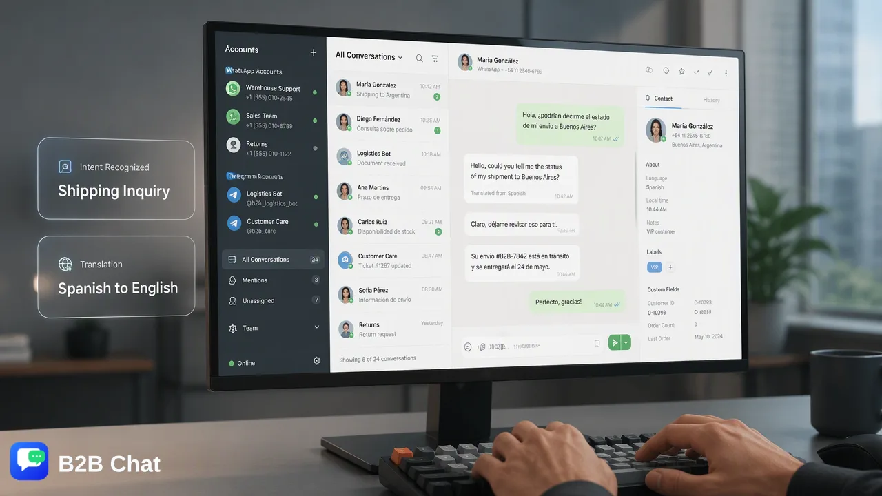 B2B Chat illustration for 扩展支持:利用 AI 实现 WhatsApp 和 Telegram 的首轮响应自动化