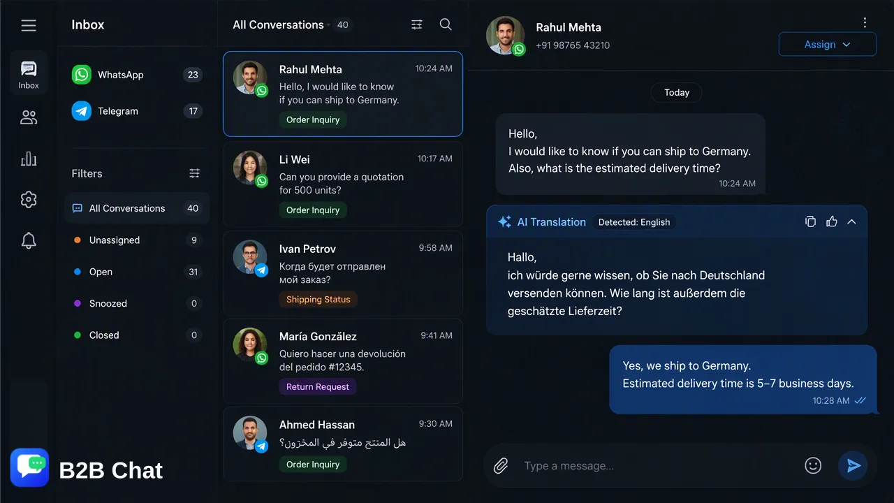 B2B Chat illustration for Running Cross-Border Ecommerce Customer Conversations in One Workspace