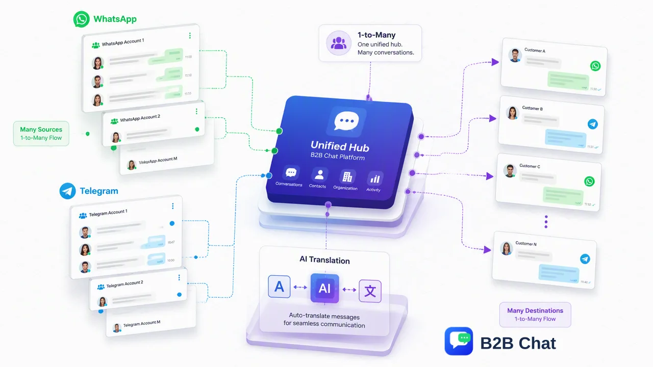 B2B Chat illustration for Scaling Cross-Border Communication: A Guide to Multi-Account Management and AI Integration