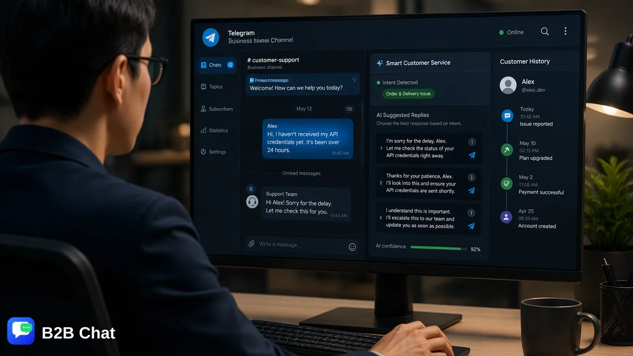 B2B Chat illustration for WhatsApp 与 Telegram:企业客户沟通对比