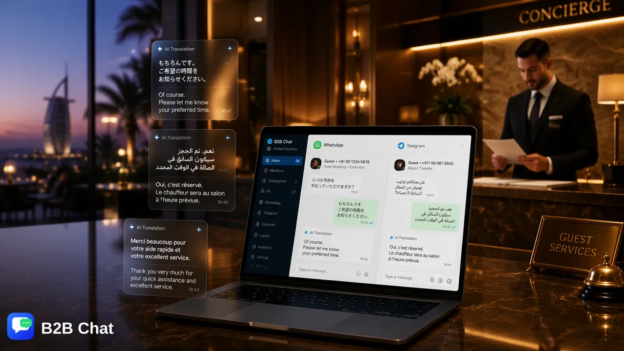 B2B Chat 在笔记本上同时显示 WhatsApp 和 Telegram 会话,日语、阿拉伯语、法语消息旁边显示 AI 翻译结果